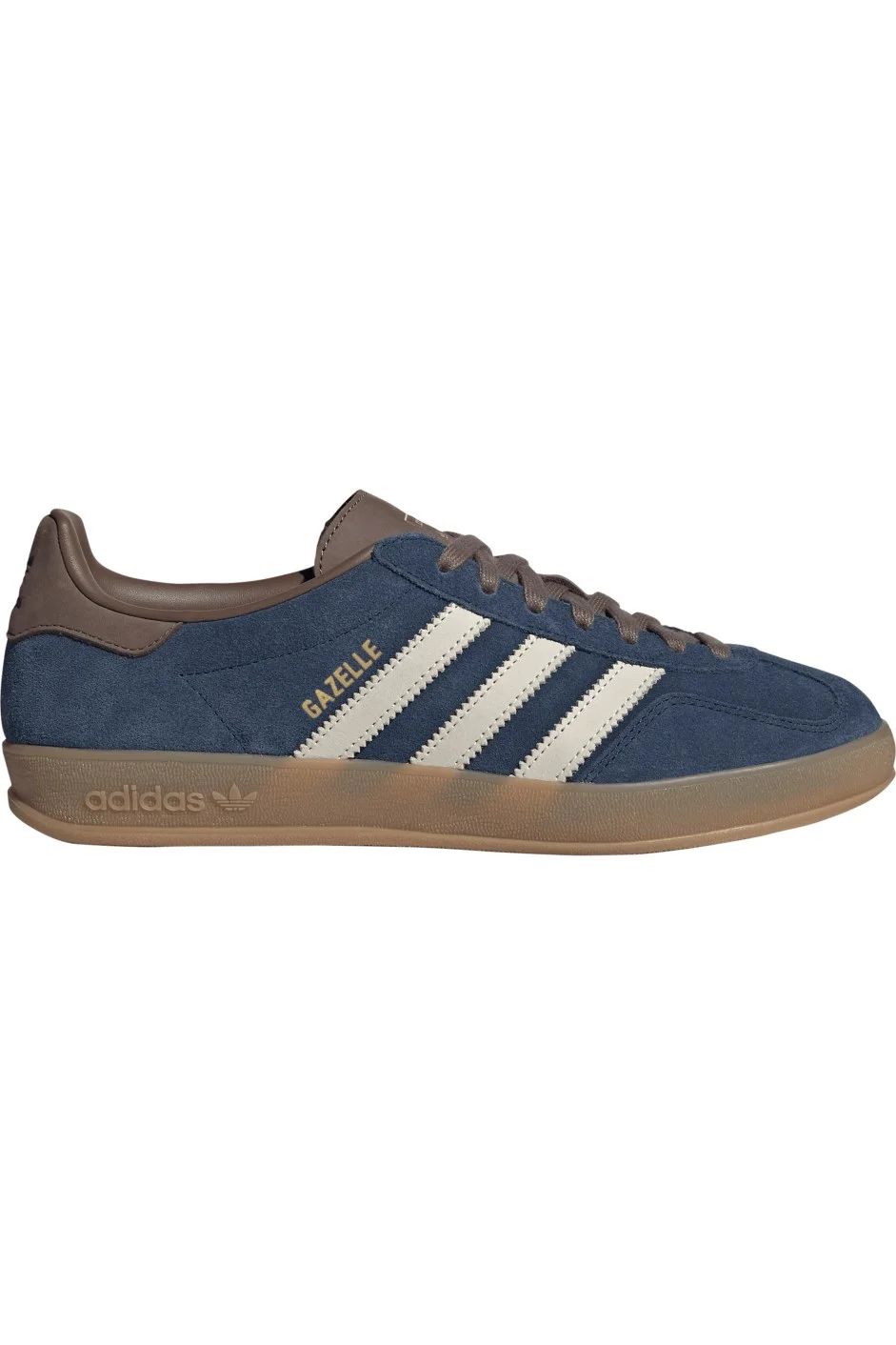 Adidas Gazelle shoe in navy and brown trim colorway featuring a white three stripe design