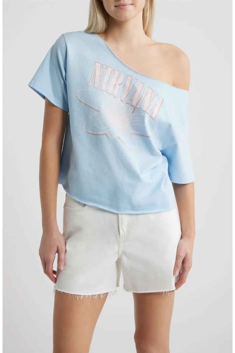 Nordstrom pastel blue off the shoulder Nirvana band tee with vintage style effect