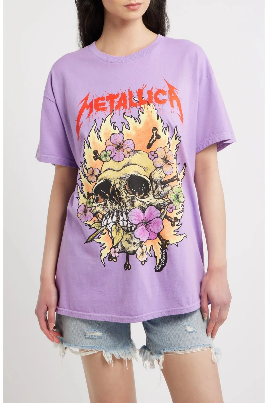 Nordstrom sale, Metallic graphic tee with skull on fire decorated with flowers, designed with an oversized fit