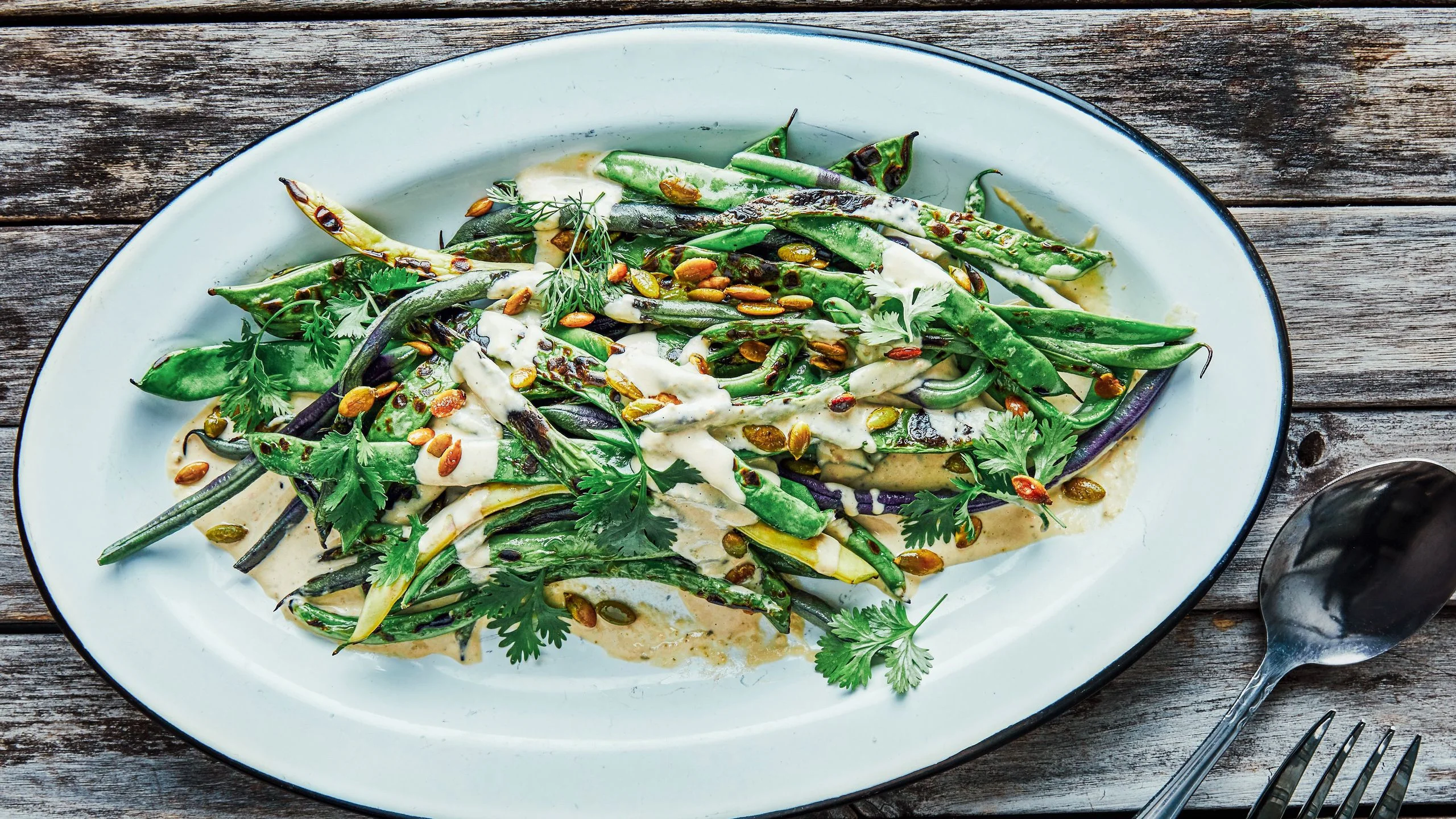 Green bean salad with pepitas and cilantro drizzled with tonnato sauce.