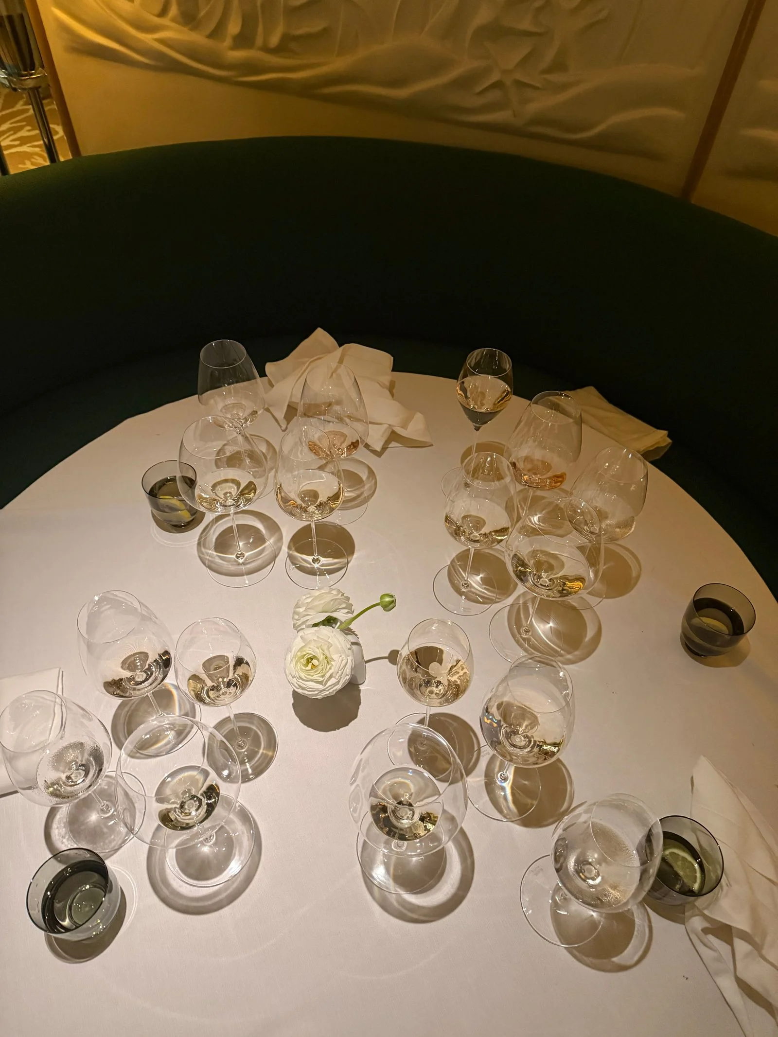 Table at Sedna restaurant covered with halfempty wine glasses