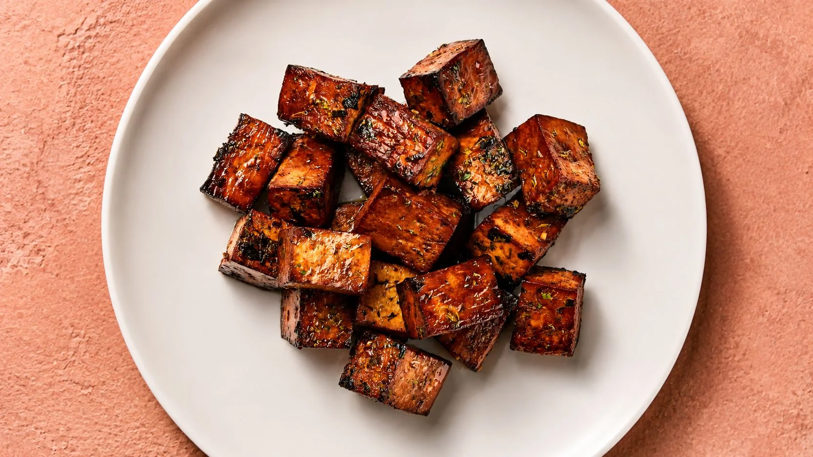 Glossy caramelized cubes of marinated tofu on a white plate.