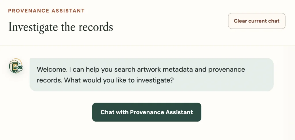 A screenshot depicting a chat window between the AI Provenance Assistant and a user, wherein the former has asked how it can help