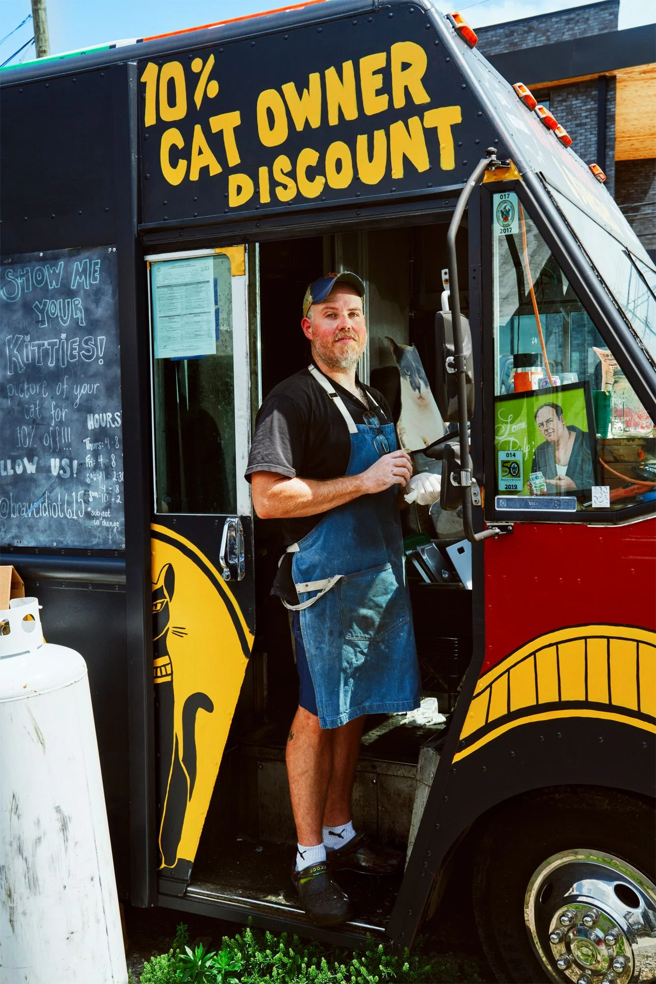 Image may contain Chef Dylan Field Adult Person Transportation Vehicle Truck Food Truck Machine Wheel and Face