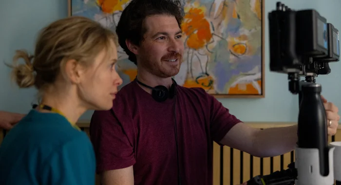 Amelia Eve and director Jacob Chase on the set of Insidious: Out of the Further (2026)