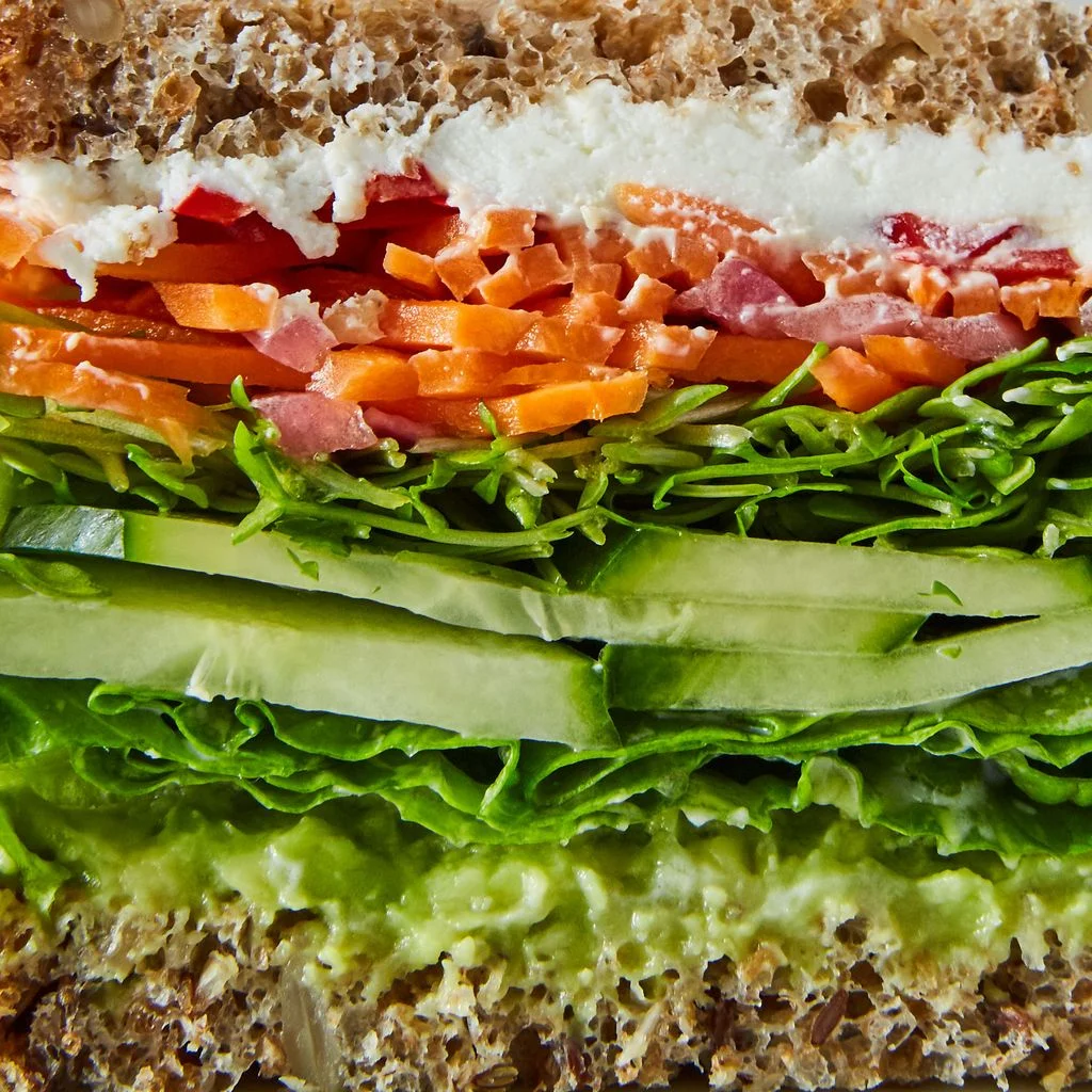A veggie sandwich stacked with avocado lettuce cucumber sprouts and carrots.