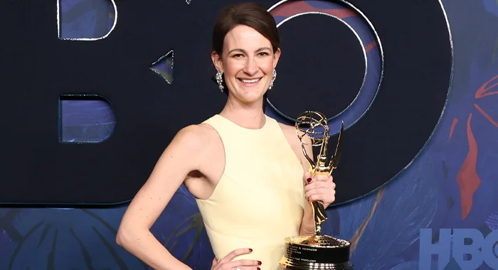 Francesca Gardiner holding the Emmy she won in 2024 for her work on Succession