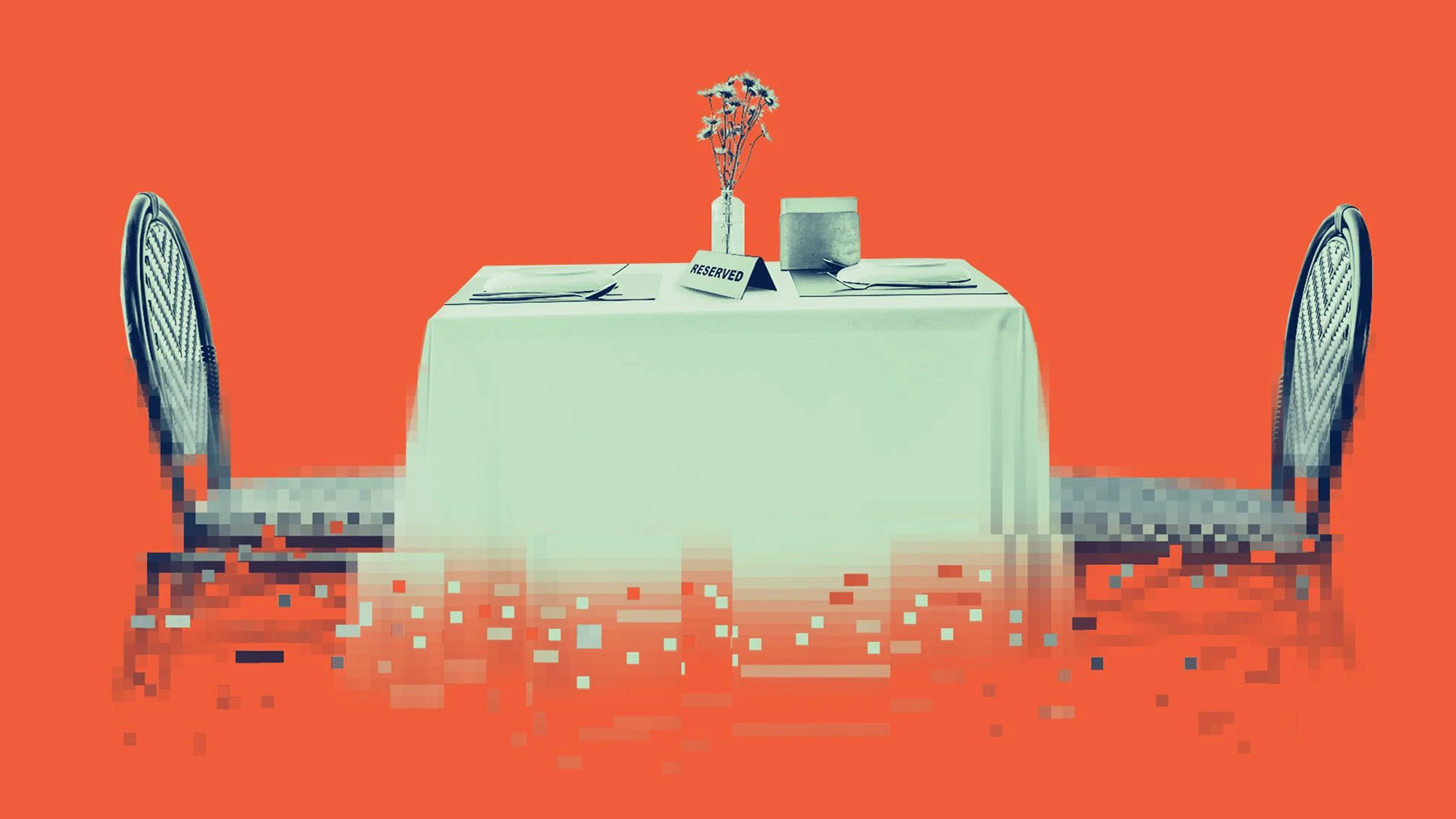 Photo collage of reserved sign laying on restaurant table with pixelated graphic treatment