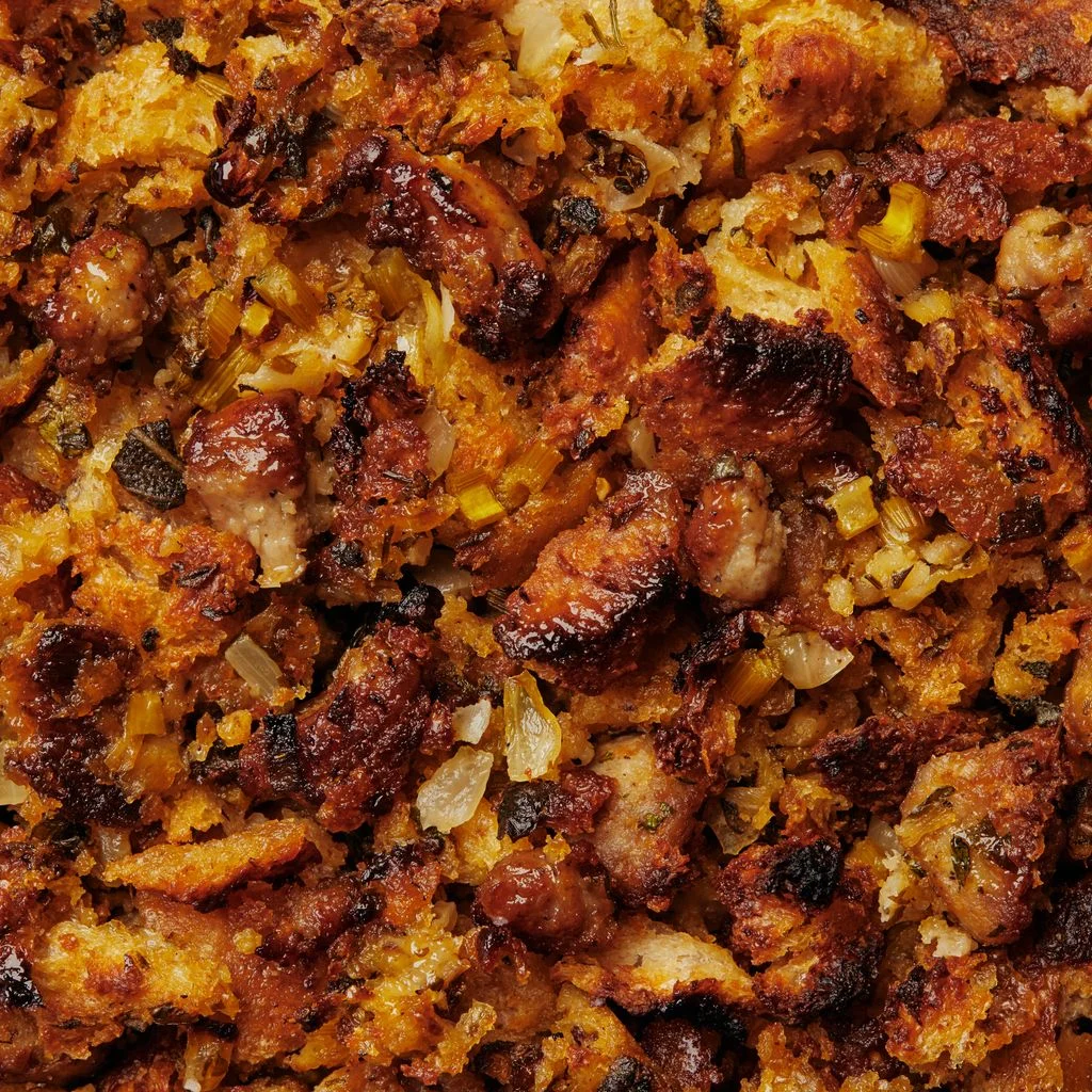 Golden baked sausage and herb stuffing with crisp edges in a 13x9 dish.