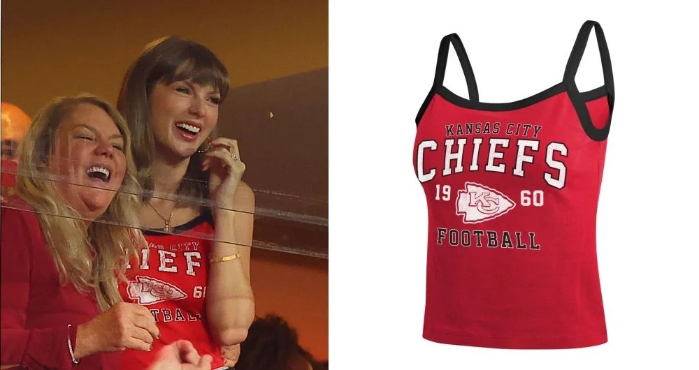Taylor Swift and her mom cheering on the Kansas City Chiefs on Sunday, Sept. 20, 2026; the sold-out Chiefs tank from Wear by Erin Andrews.