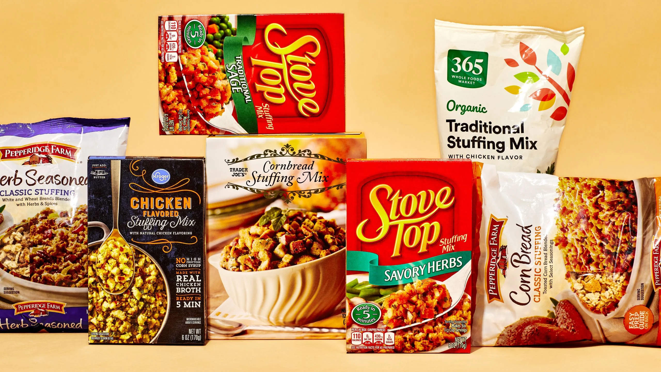 Boxes and bags of stuffing mix from Stove Top Pepperidge Farm and other brands.