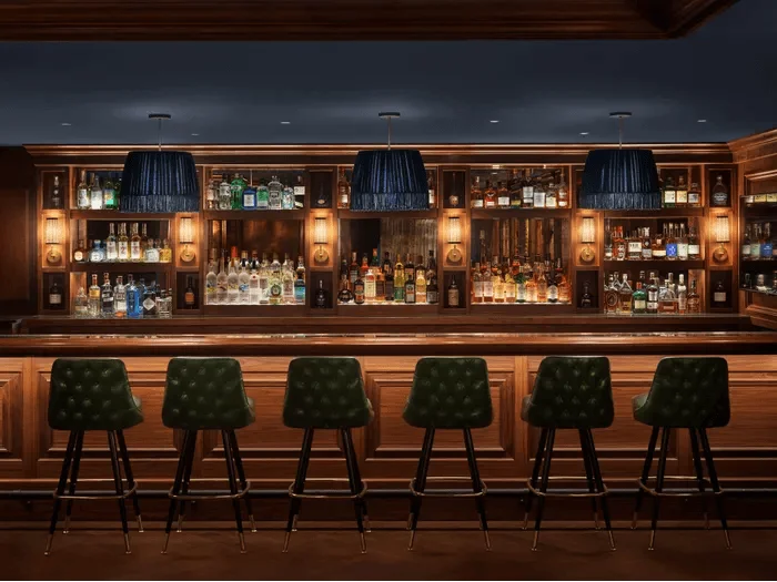Image may contain Bar Chair Furniture Chandelier and Lamp