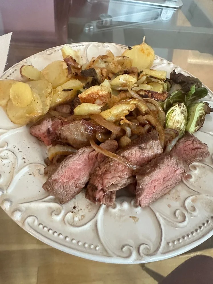 Steak and onions recipe from Green Chef with side of potatoes