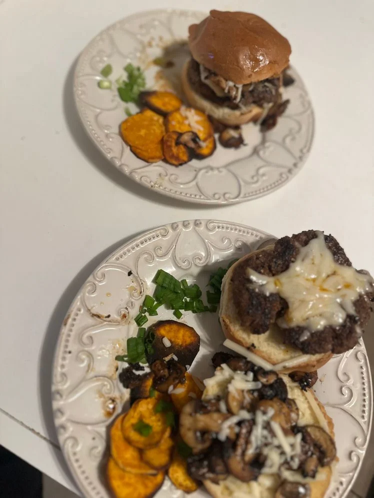 Two servings of a burger with mushrooms recipe from Green Chef