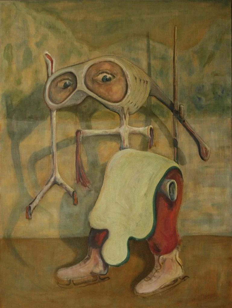Dylan Doe, Armatures (Skater) 2025. A painting, made of muted brown and warm reds, of a strange figure. It had eyes that look like goggles and a body made of pieces that look between bone and manufactured pieces.