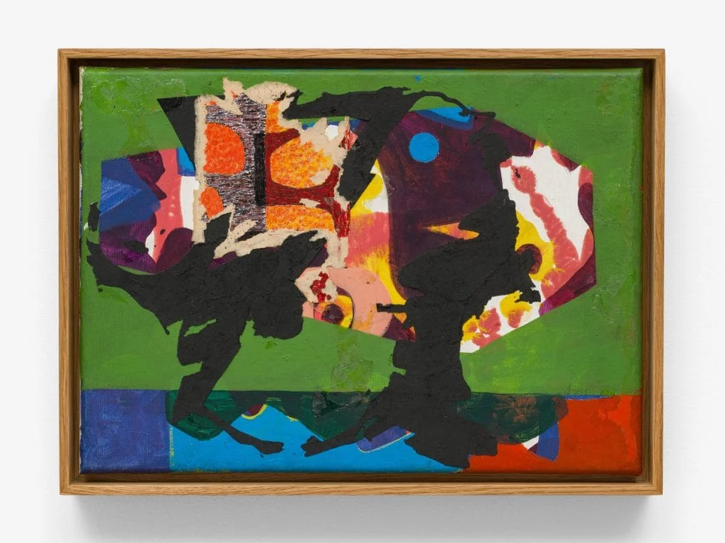 Sleeping sickness by Eileen Agar. A colorful collage with painting. The background is mostly green, with a blue and red ground. On it is a form with bright colorful splotches and black forms that seem to hold it together. 