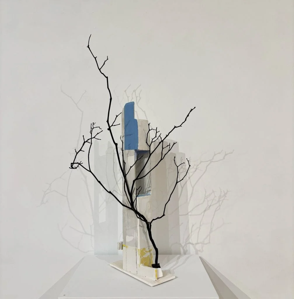 Untitled by Mark Webber. A sculpture mostly of white flat surfaces and a found, dark brown tree branch. 