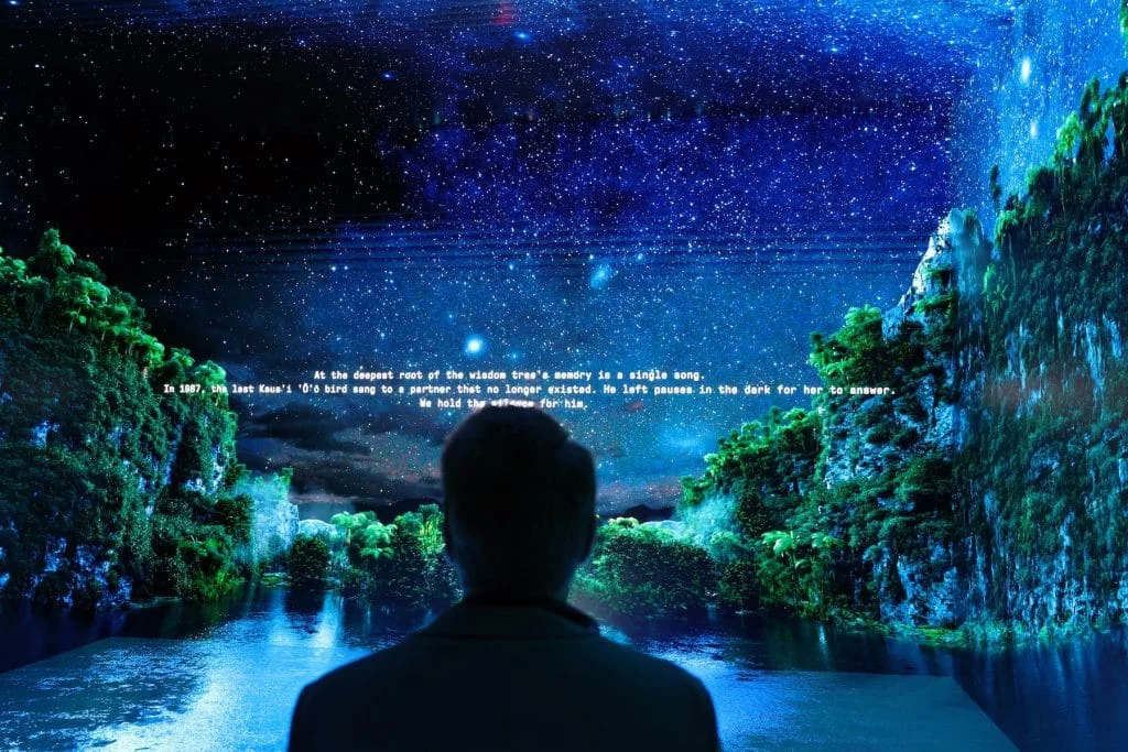 a person watches a large, immersive digital projection of a lush, glowing blue landscape under a vast, star-filled night sky
