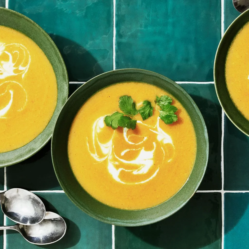 Pured summer squash with onion ginger garlic and curry powder in three bowls topped with swirls of yogurt and cilantro...