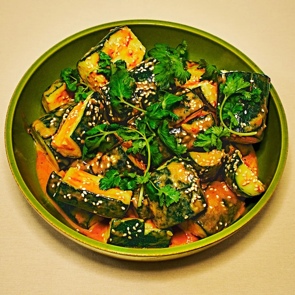 Smashed Zucchini With TahiniGinger Dressing in a green plate
