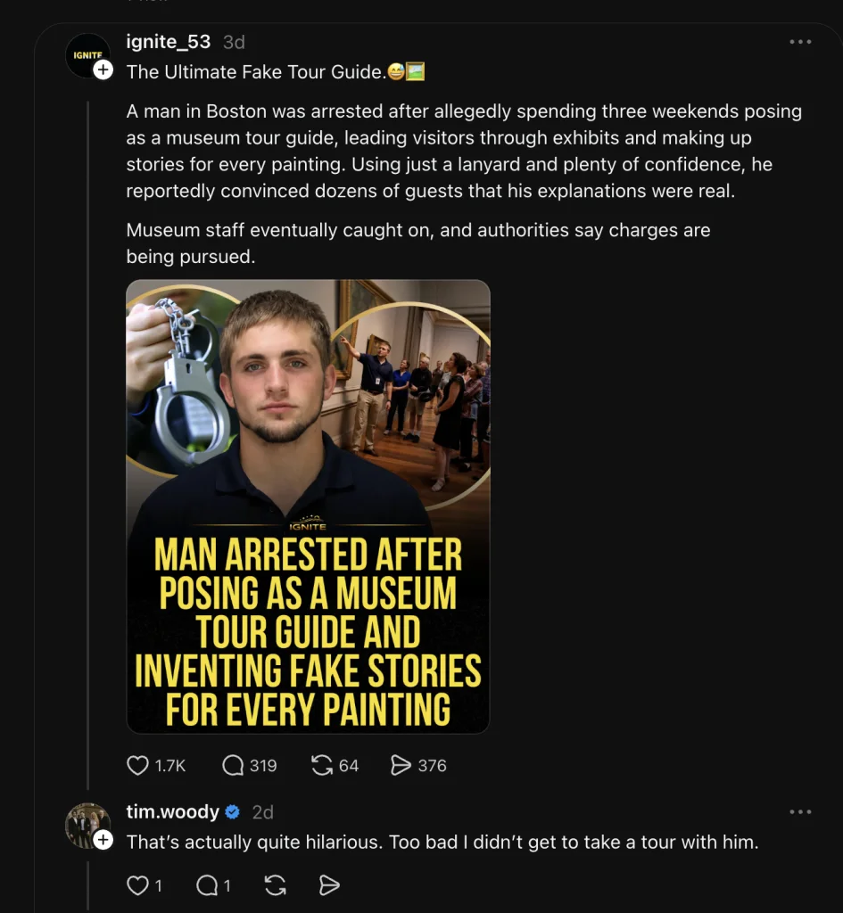 Viral social media post claiming a Boston man was arrested for posing as a museum tour guide and fabricating stories about paintings for three weekends.