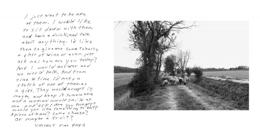 A two-page spread from inside the DayDream book featuring a handwritten Vincent Van Gogh quote on the left side and a black and white photograph of a girl herding sheep in the countryside on the right