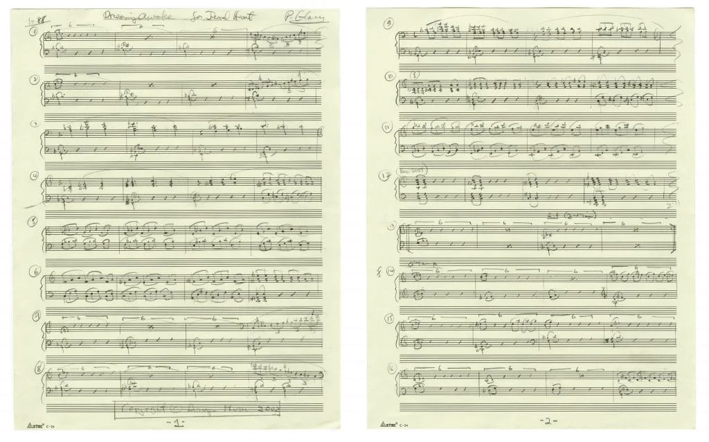 An image of a two page spread from the DayDream book featuring two pages of handwritten music